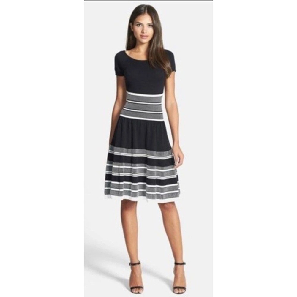 Kate Spade New York Striped Knit Fit & Flare Sweater Dress Black White Sz XL NWT